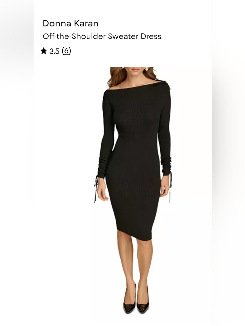 Donna Karan Black Off-the-Shoulder Long Sleeve Ribbed Dress